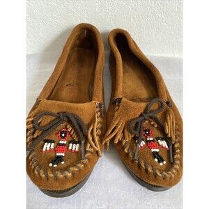 Minnetonka Moccasins Brown Suede Leather Slip-on Shoes w Beaded Thunderbird Sz 7